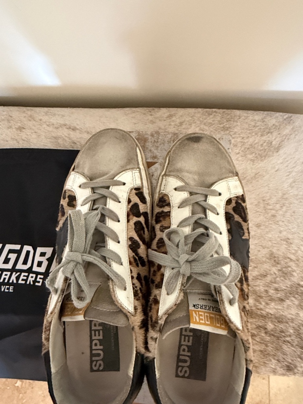 Golden Goose Leopard Pony Hair Sneakers in Tan, Black & White - Picture 4 of 5